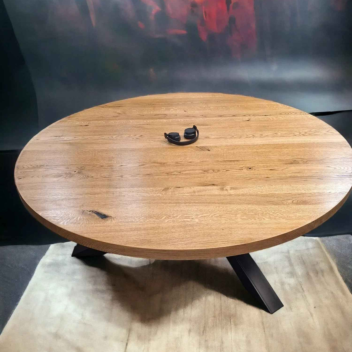 Handcrafted Solid Oak Round Dining Table with X-Frame Base
