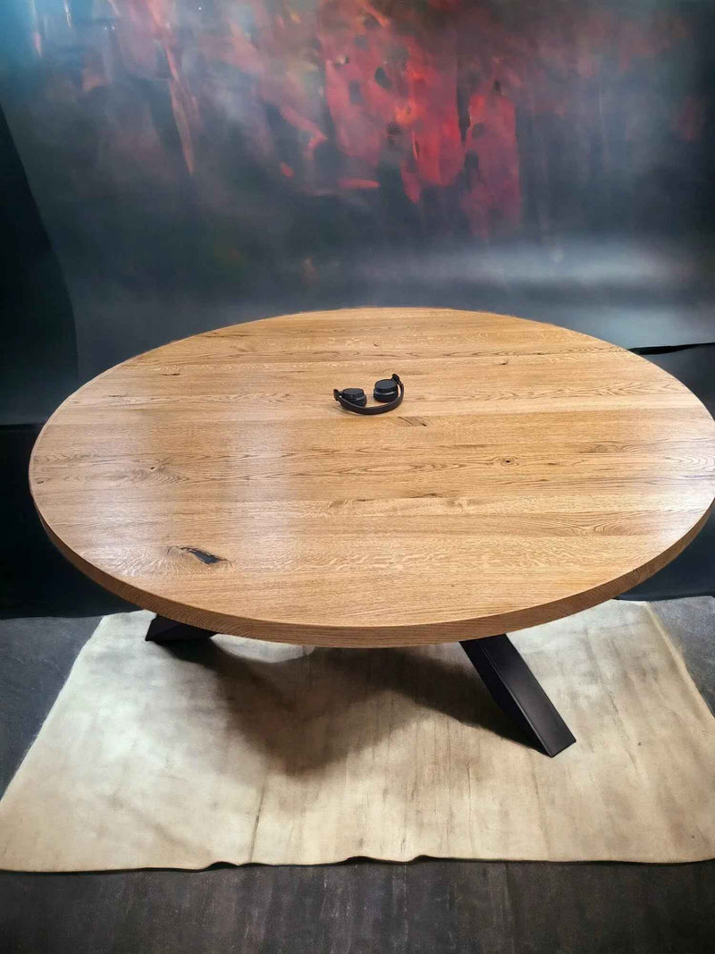 Handcrafted Solid Oak Round Dining Table with X-Frame Base
