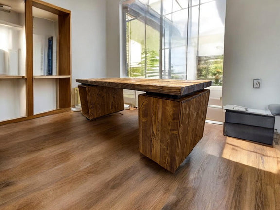 Solid wood office desk with functional shelf and drawer, minimalist industrial design