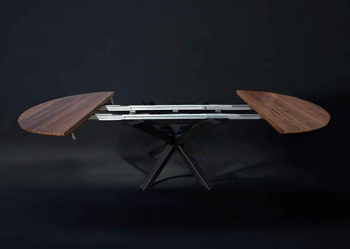 Expandable Round American Walnut Dining Table with Metal Legs