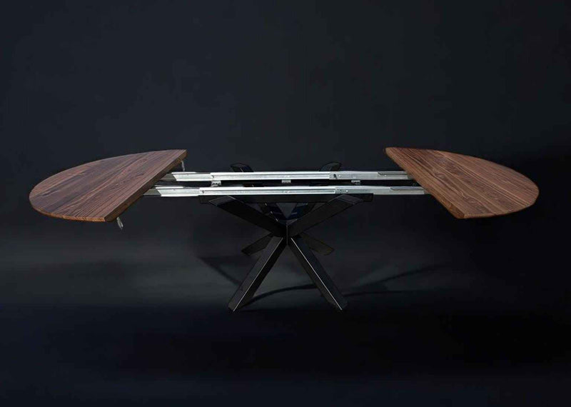 Expandable Round American Walnut Dining Table with Metal Legs