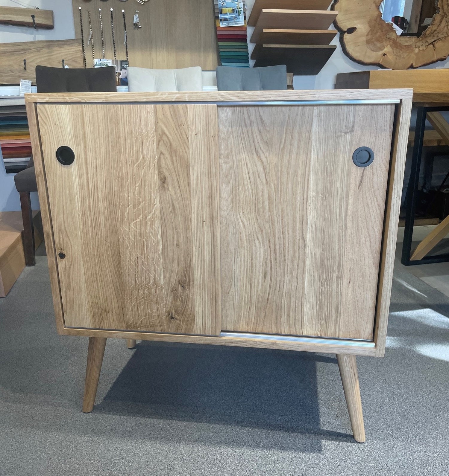 Handcrafted vintage oak cabinet with sliding doors and two spacious shelves – stylish storage solution