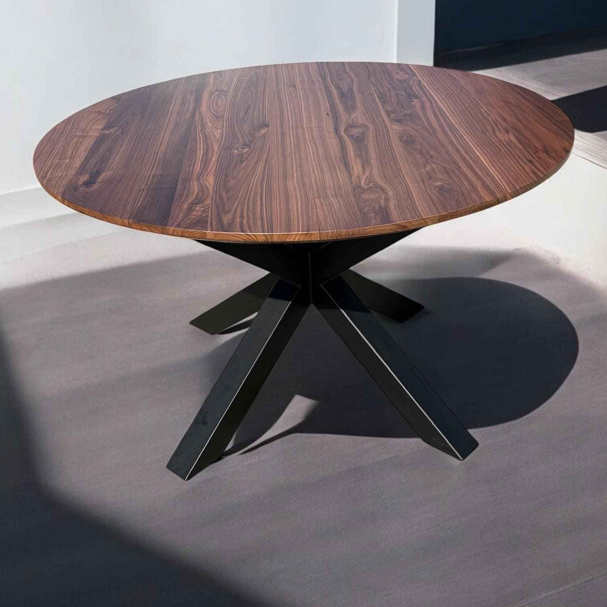 Expandable Round American Walnut Dining Table with Metal Legs